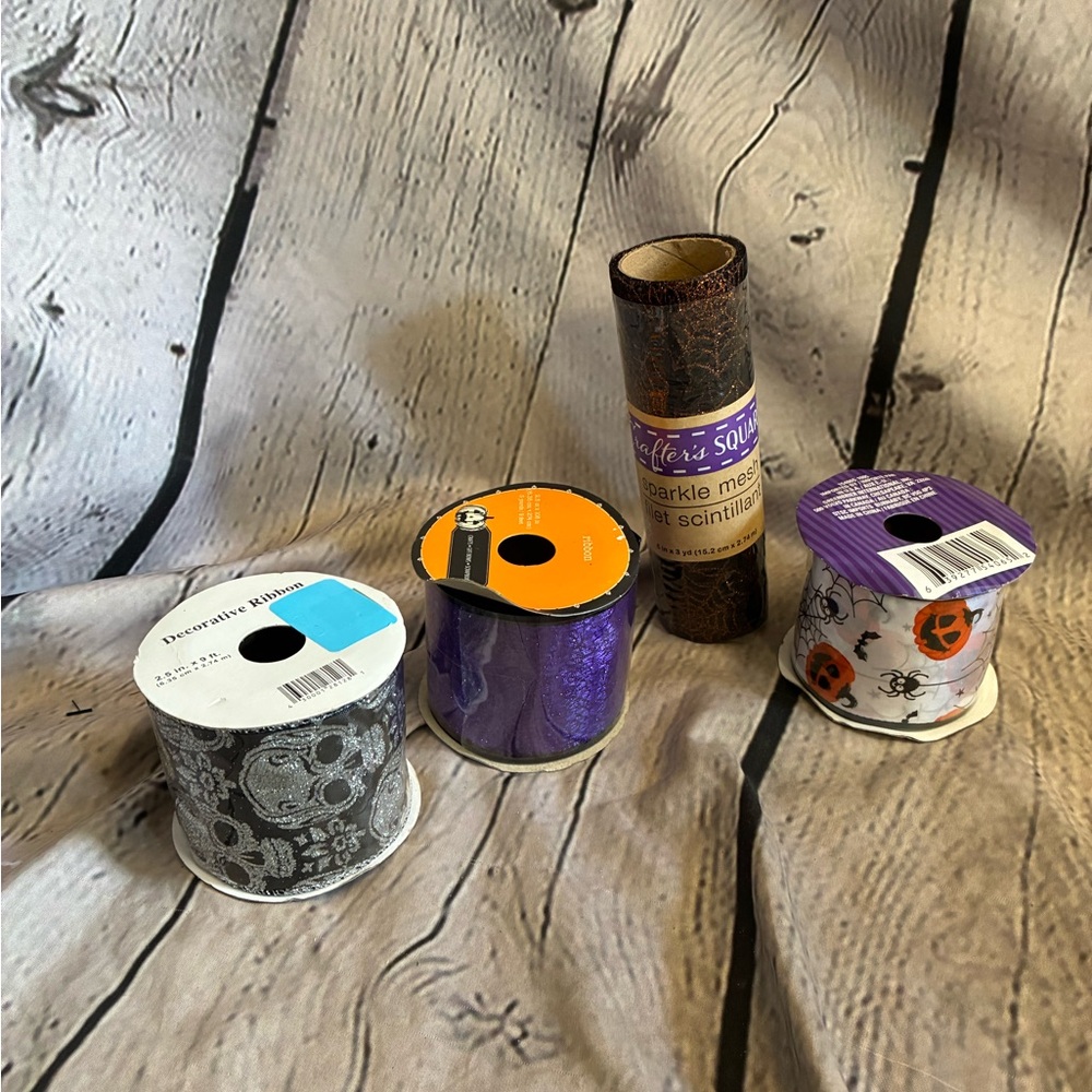 Lot of 4 Assorted Halloween Decorative‎ Crafting Ribbon Mesh Glitter Graphics